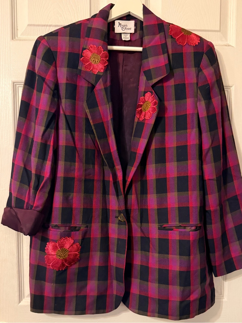Rosie’s Closet Pink & Black Plaid Blazer with Floral Appliqués
